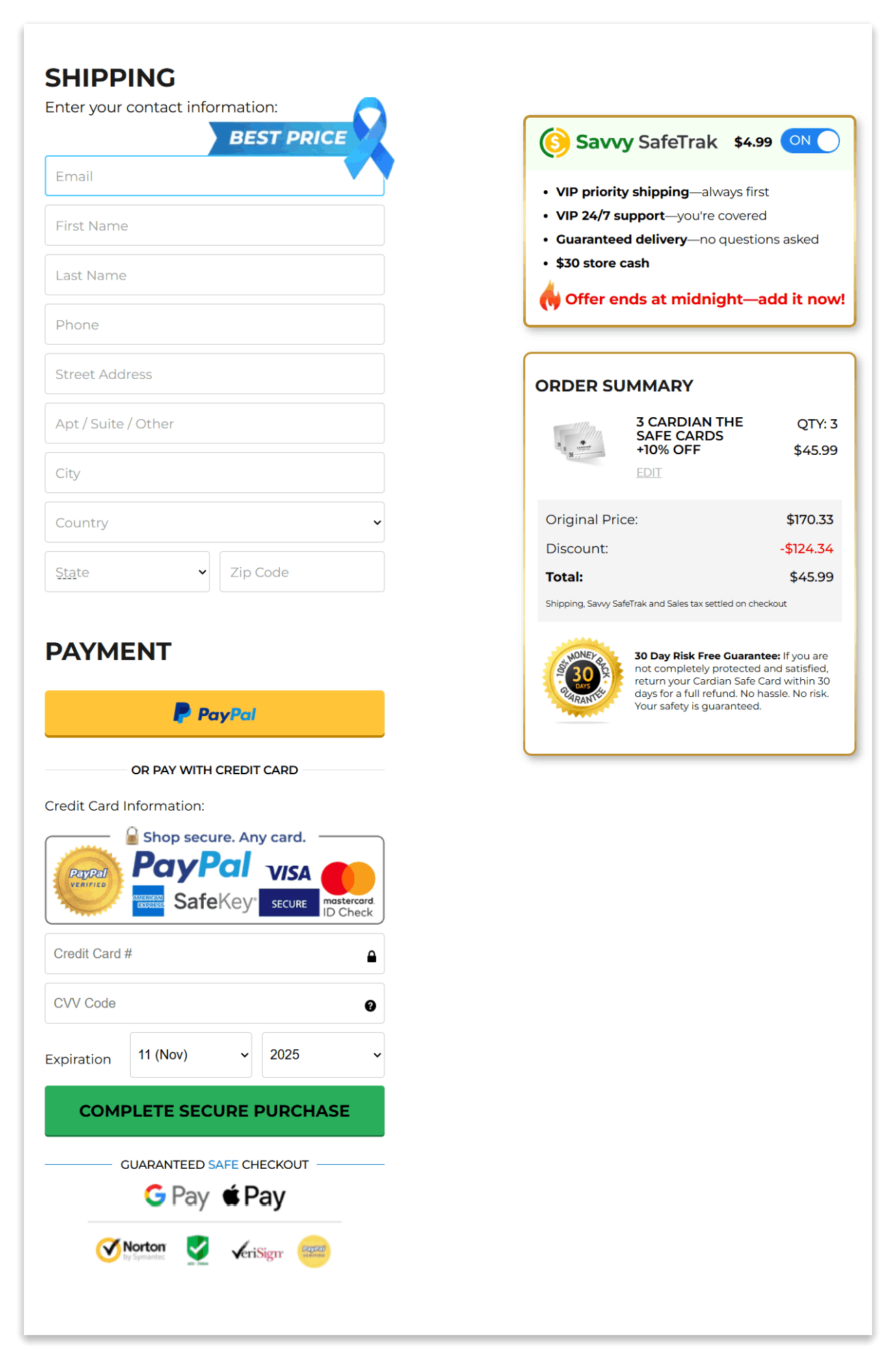 Safecard secure checkout page