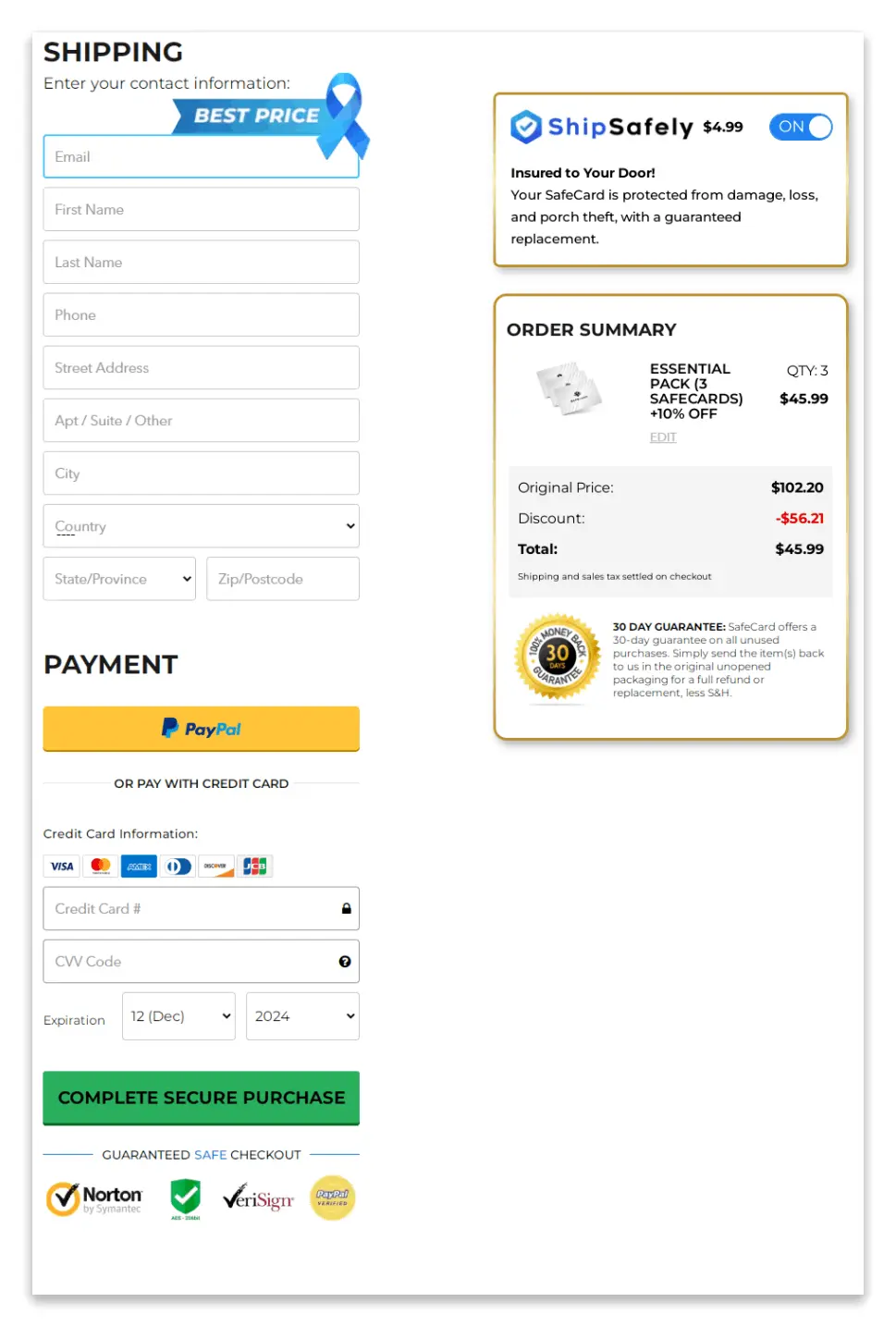 SafeCard checkout page